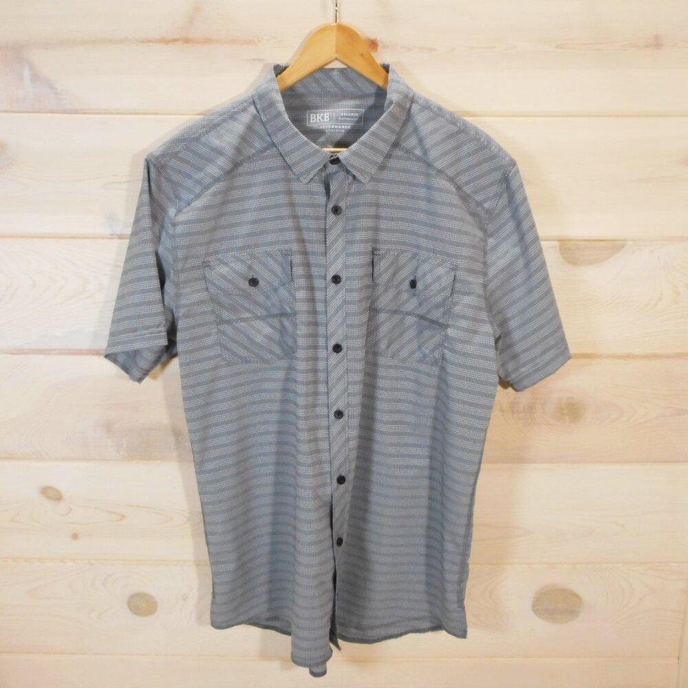BKE Performance Athletic Men's 2XL Gray Striped Shirt Button-up Short Sleeve